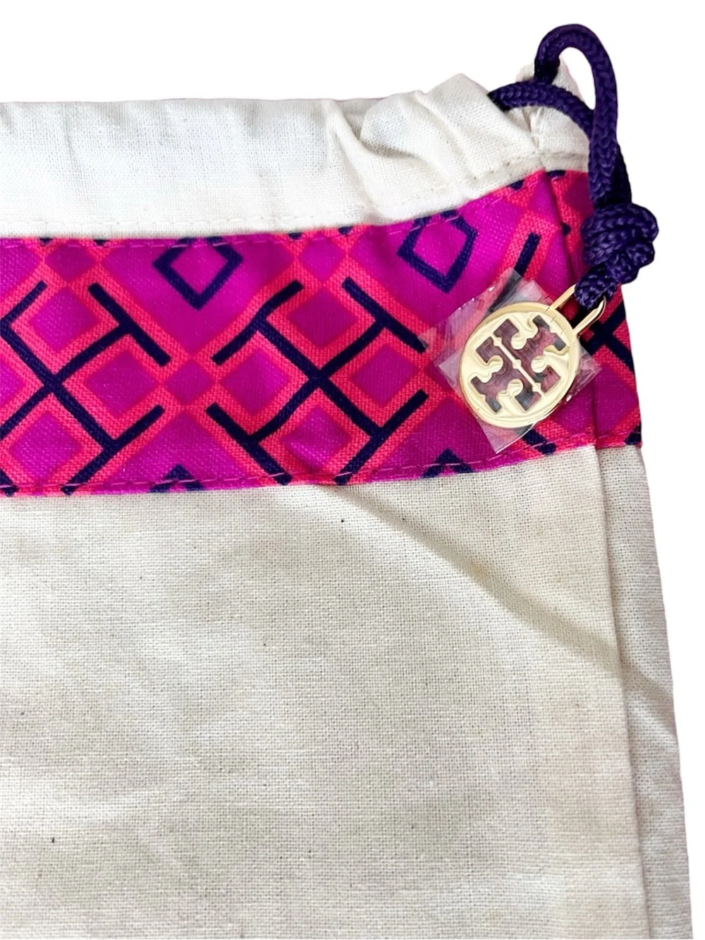 Tory Burch Large Canvas Dust Bag Magenta Pink Trim‎ Gold Logo Charm 22x21